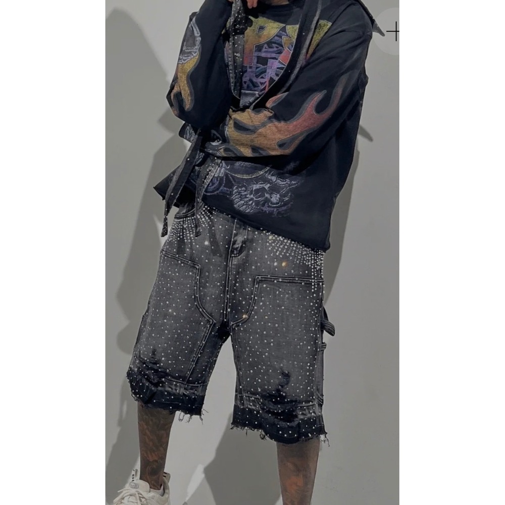 Paper Money Mens Rhinestone Studded Carpenter Denim Shorts Black Distressed 36